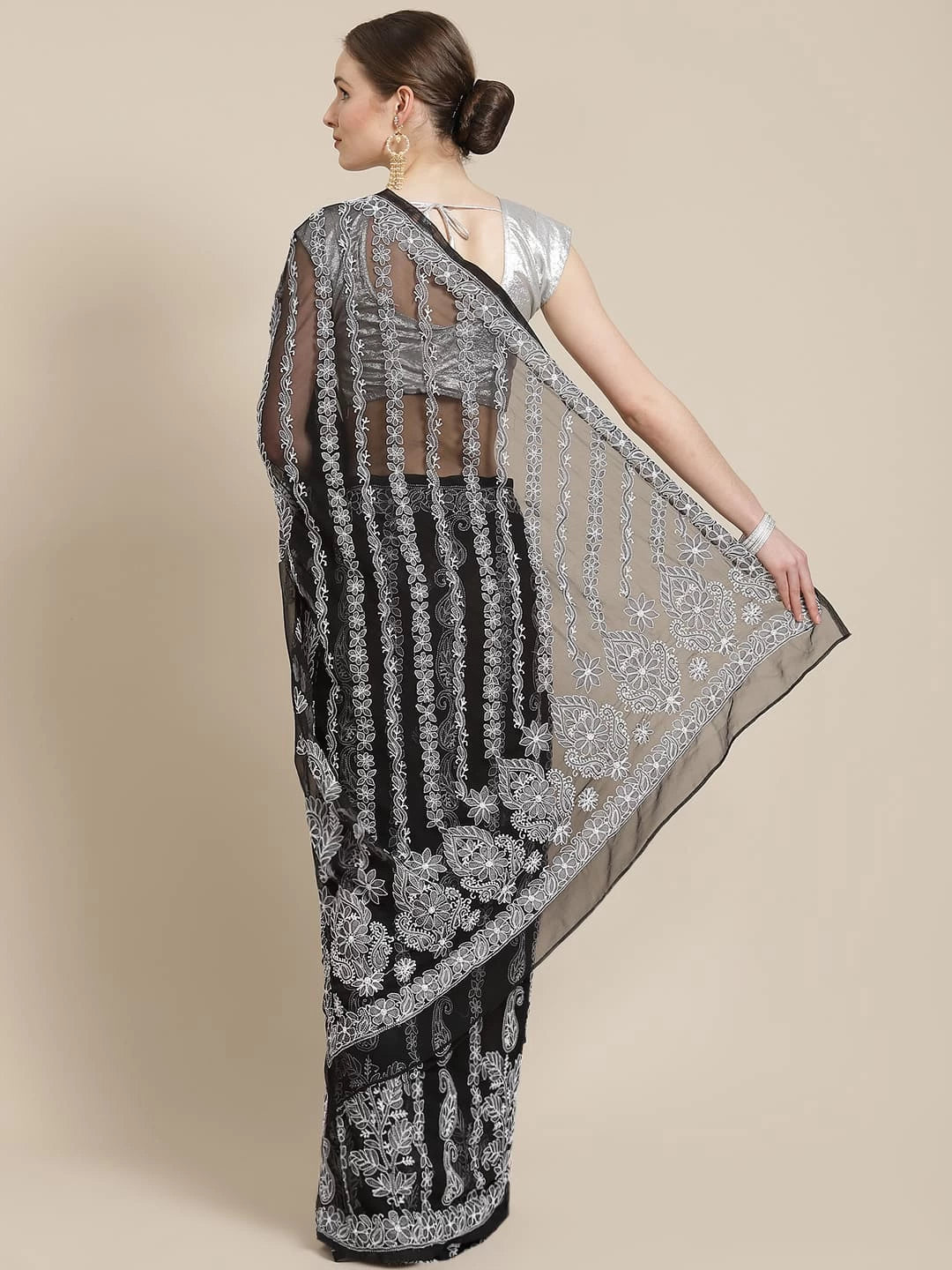 Ada Hand Embroidered Black Georgette Lucknowi Chikankari Saree With Blouse A311235