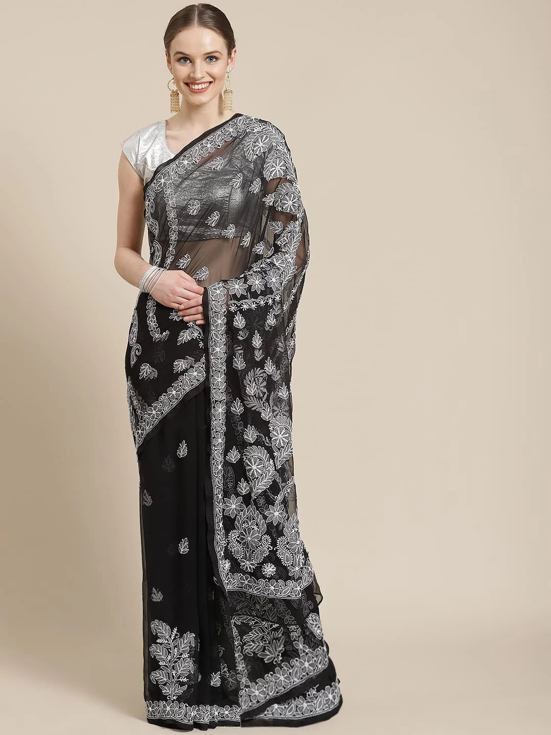 Ada Hand Embroidered Black Georgette Lucknowi Chikankari Saree With Blouse A311235