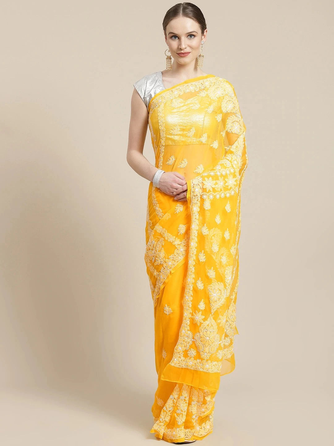 Ada Hand Embroidered Yellow Georgette Lucknowi Chikankari Saree With Blouse A311236
