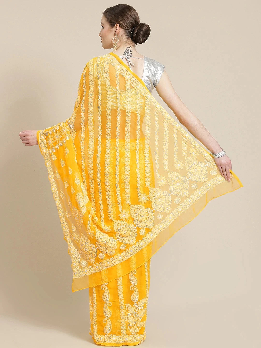 Ada Hand Embroidered Yellow Georgette Lucknowi Chikankari Saree With Blouse A311236