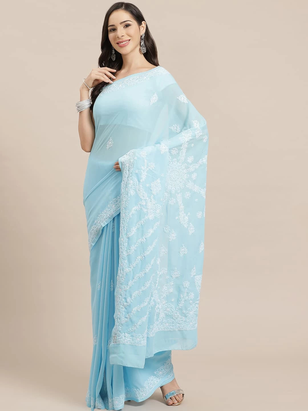 Ada Hand Embroidered Blue Georgette Lucknow Chikankari Saree With Blouse A130232