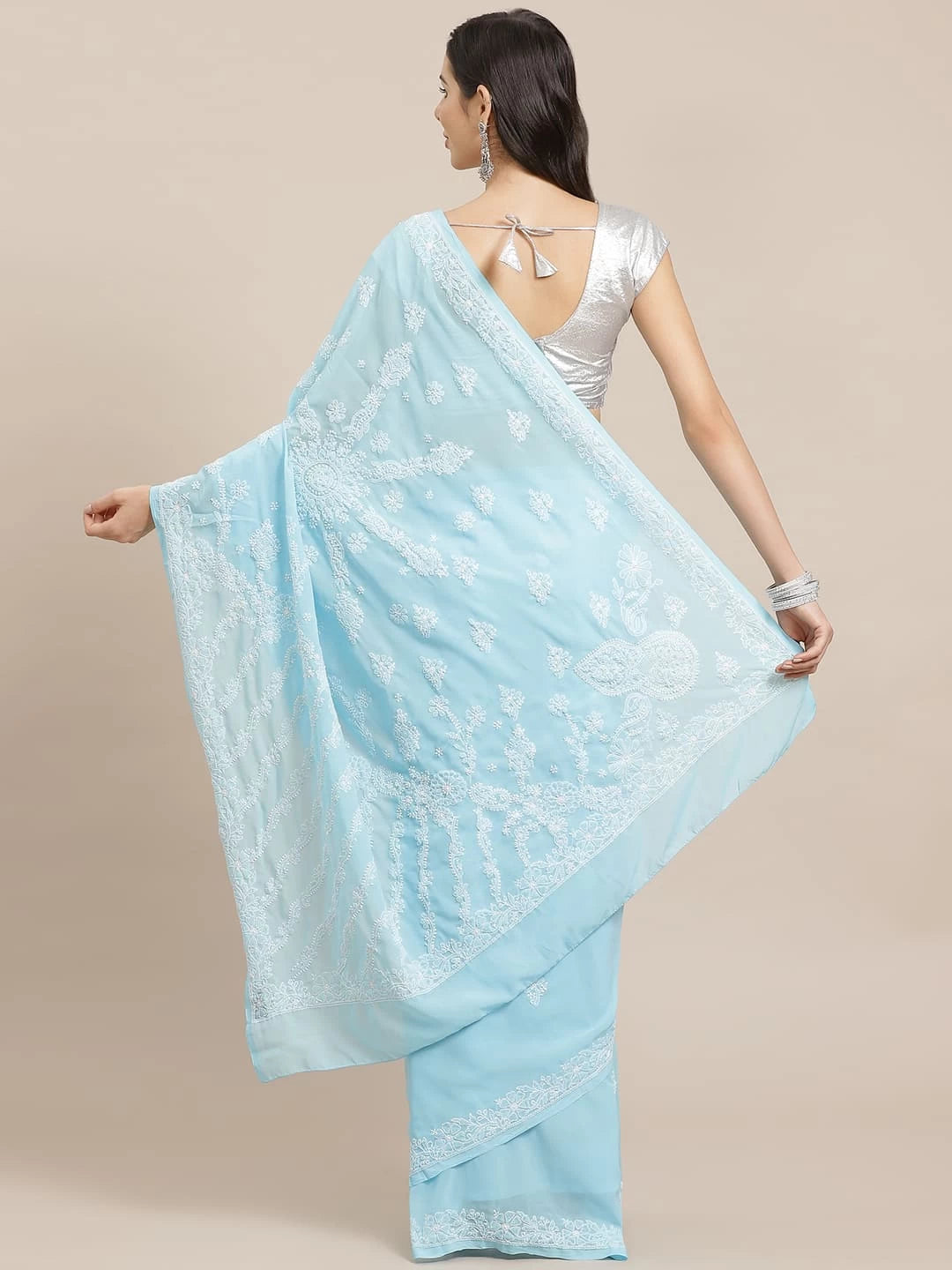 Ada Hand Embroidered Blue Georgette Lucknow Chikankari Saree With Blouse A130232