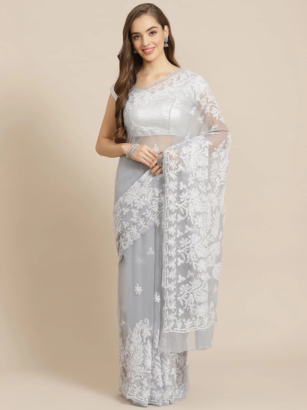Ada Hand Embroidered Grey Georgette Lucknow Chikankari Saree With Blouse A311268