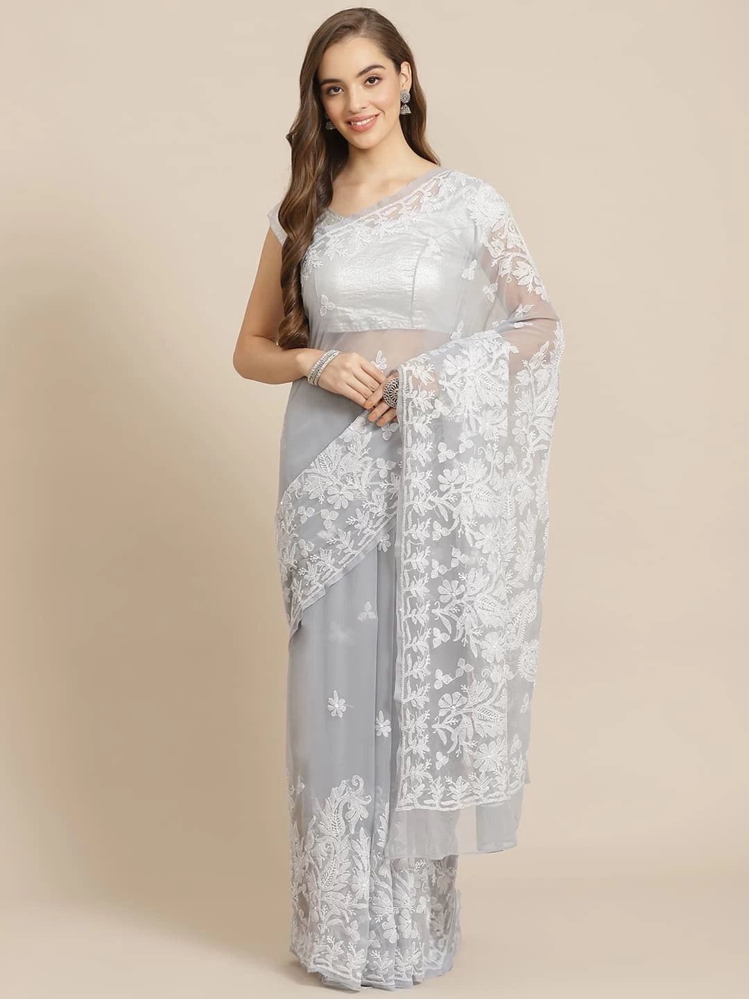 Ada Hand Embroidered Grey Georgette Lucknow Chikankari Saree With Blouse A311268