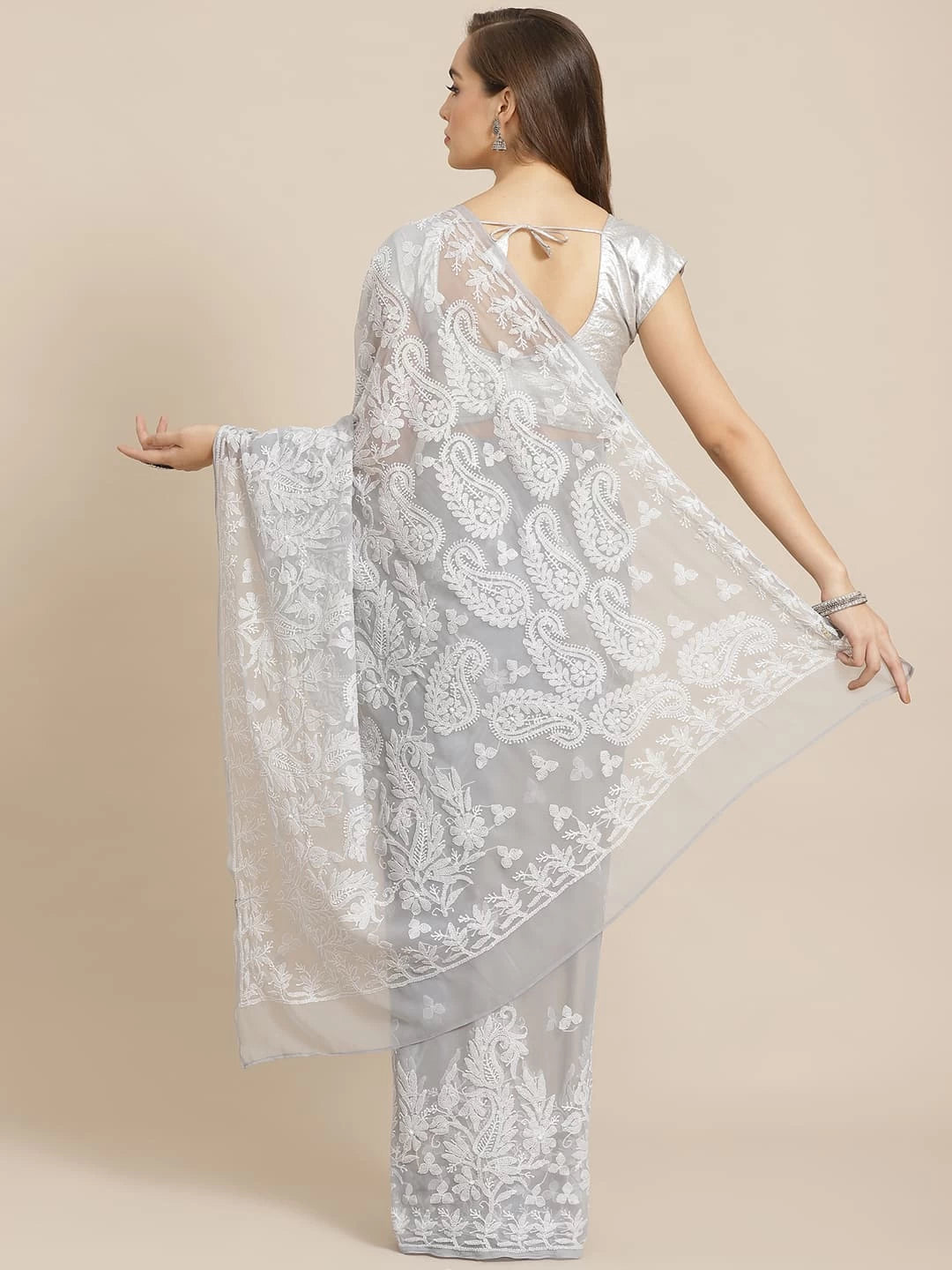 Ada Hand Embroidered Grey Georgette Lucknow Chikankari Saree With Blouse A311268