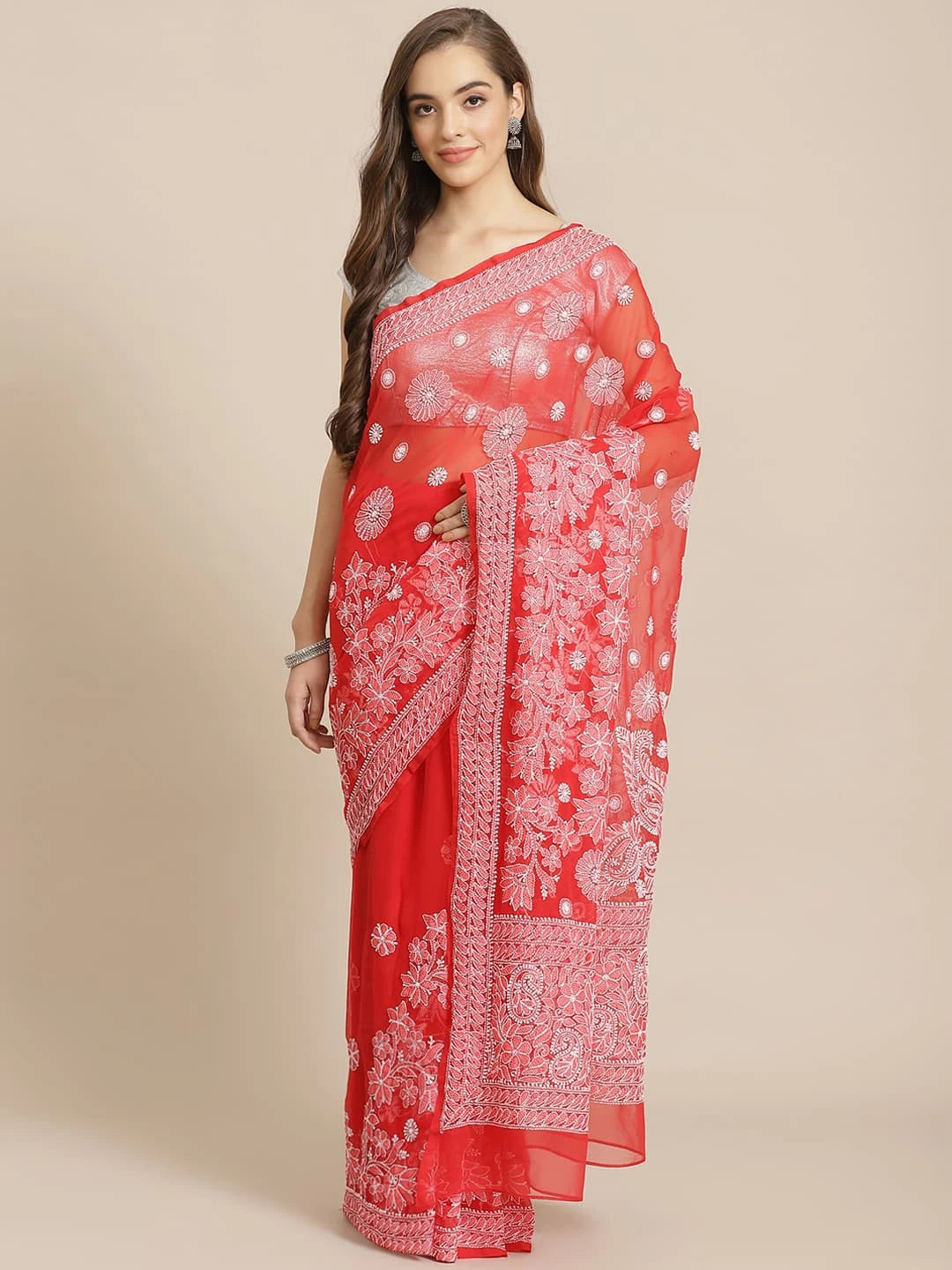 Ada Hand Embroidered Red Georgette Lucknow Chikankari Saree With Blouse A311271