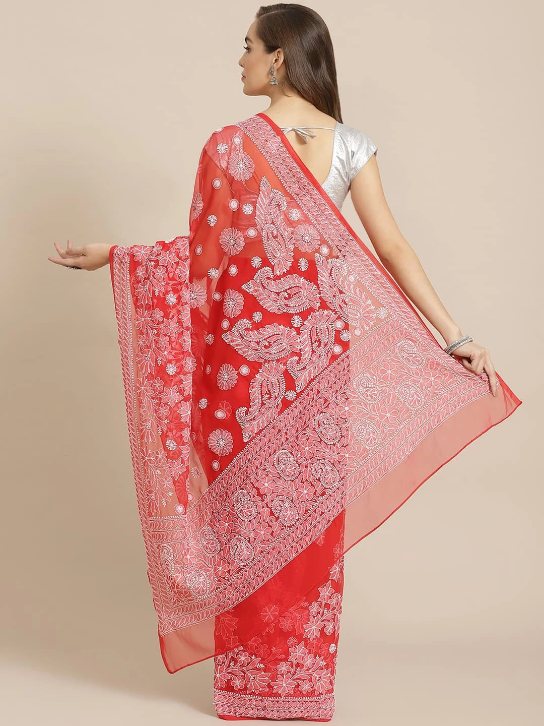 Ada Hand Embroidered Red Georgette Lucknow Chikankari Saree With Blouse A311271
