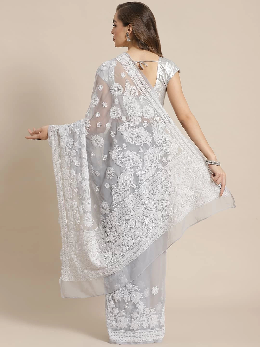Ada Hand Embroidered Grey Georgette Lucknow Chikankari Saree With Blouse A311274