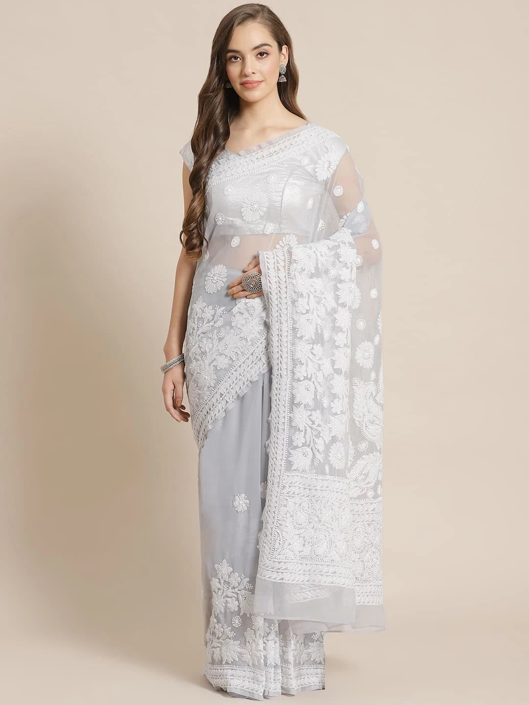 Ada Hand Embroidered Grey Georgette Lucknow Chikankari Saree With Blouse A311274