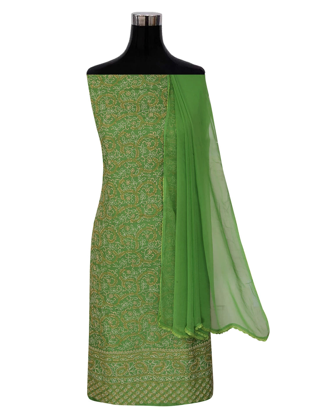 Ada Hand Embroidered Green Silk Lucknowi Chikankari Unstitched Suit Piece 01A250947
