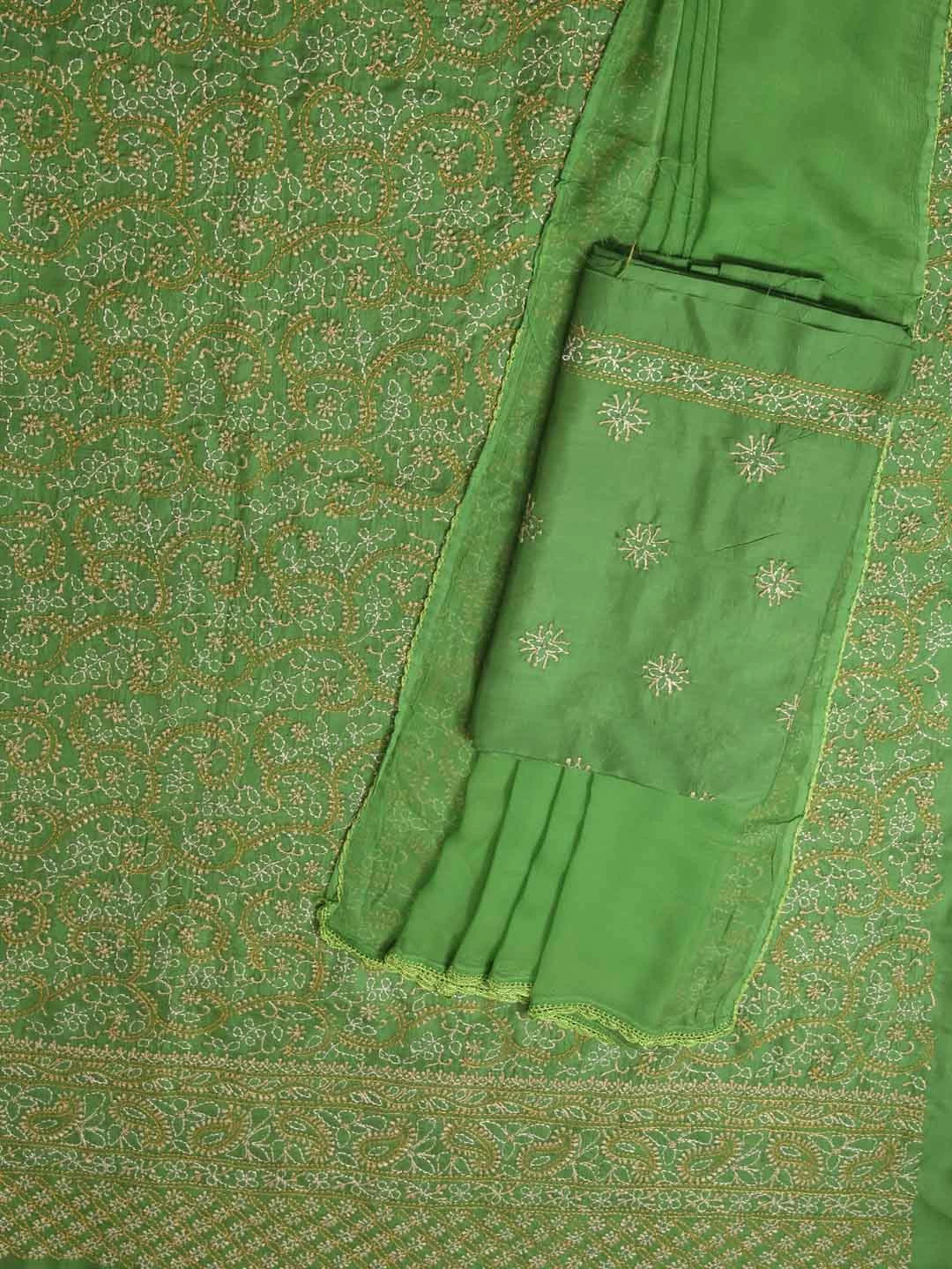 Ada Hand Embroidered Green Silk Lucknowi Chikankari Unstitched Suit Piece 01A250947
