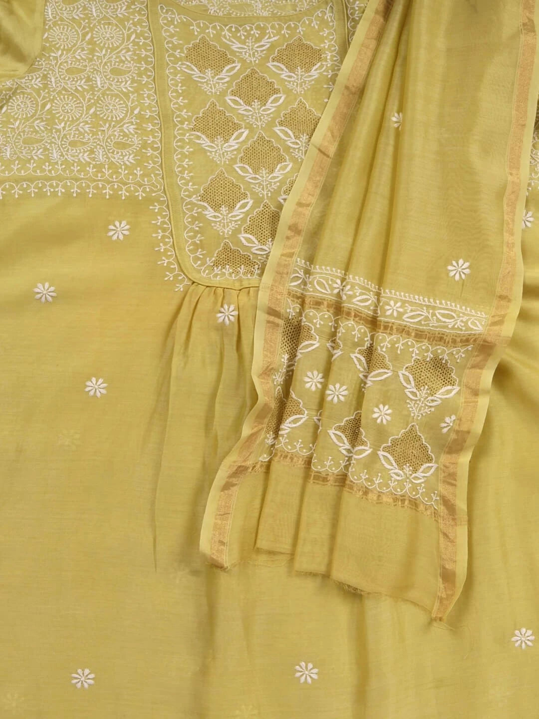 Ada Hand Embroidered Mehandi Green Chanderi Lucknowi Chikankari Semi-stitched Kurta Dupatta Set With Zari Work 01A122072