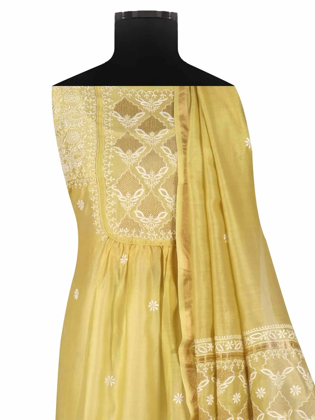 Ada Hand Embroidered Mehandi Green Chanderi Lucknowi Chikankari Semi-stitched Kurta Dupatta Set With Zari Work 01A122072