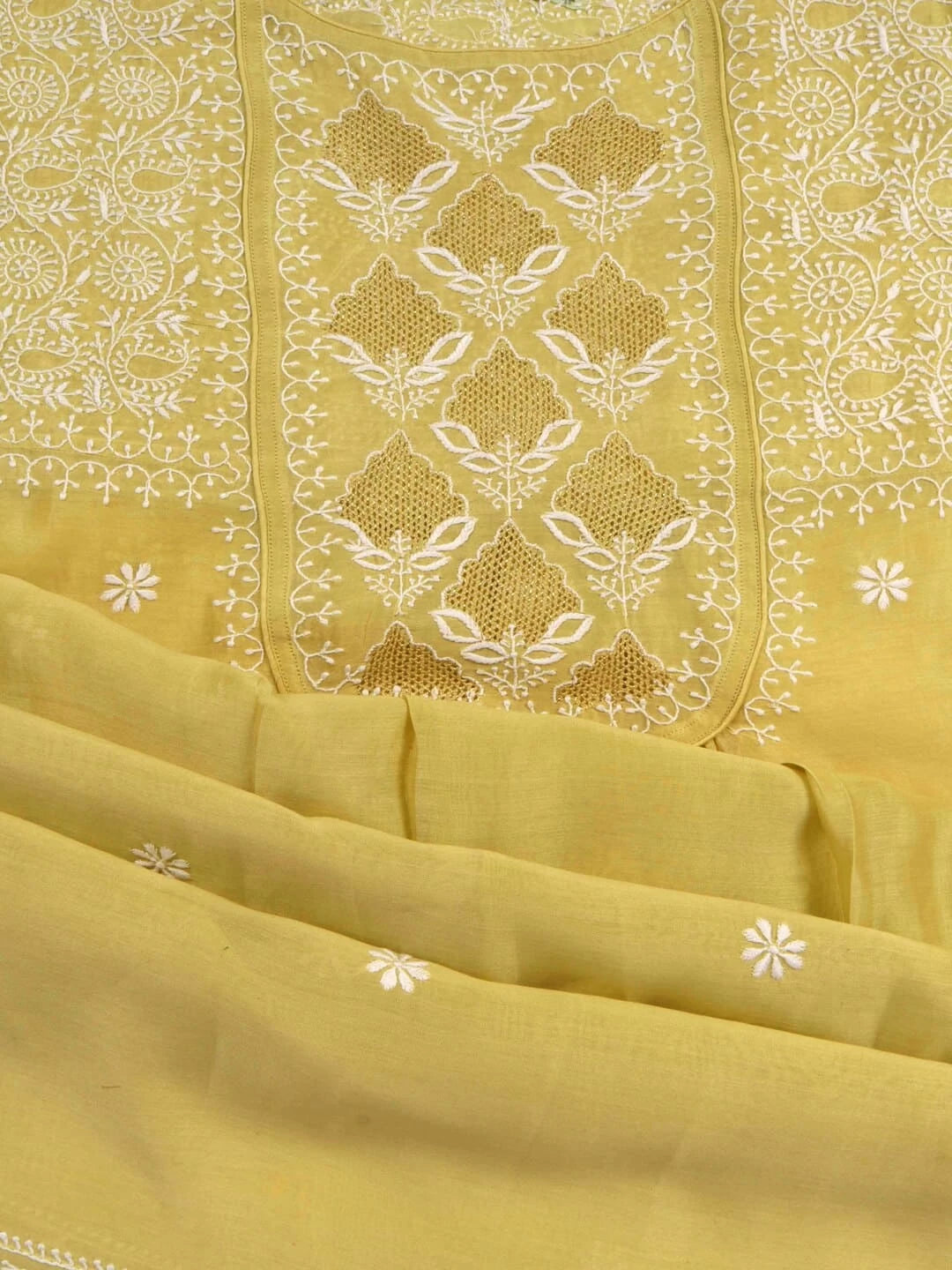 Ada Hand Embroidered Mehandi Green Chanderi Lucknowi Chikankari Semi-stitched Kurta Dupatta Set With Zari Work 01A122072