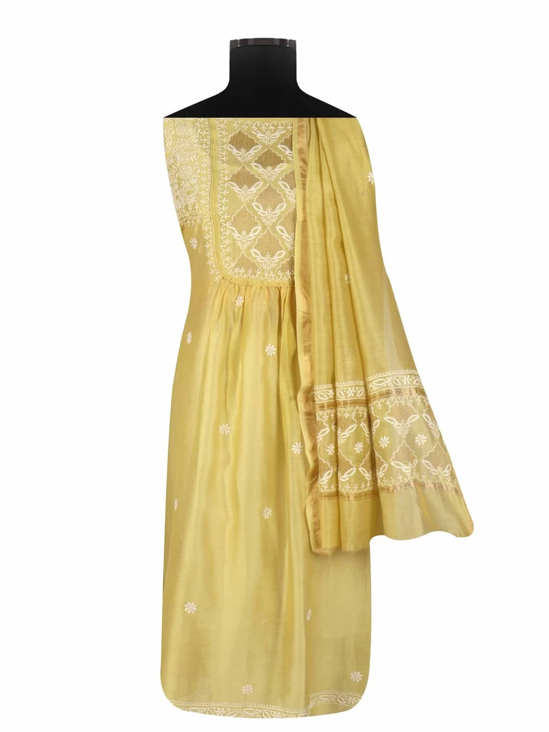 Ada Hand Embroidered Mehandi Green Chanderi Lucknowi Chikankari Semi-stitched Kurta Dupatta Set With Zari Work 01A122072
