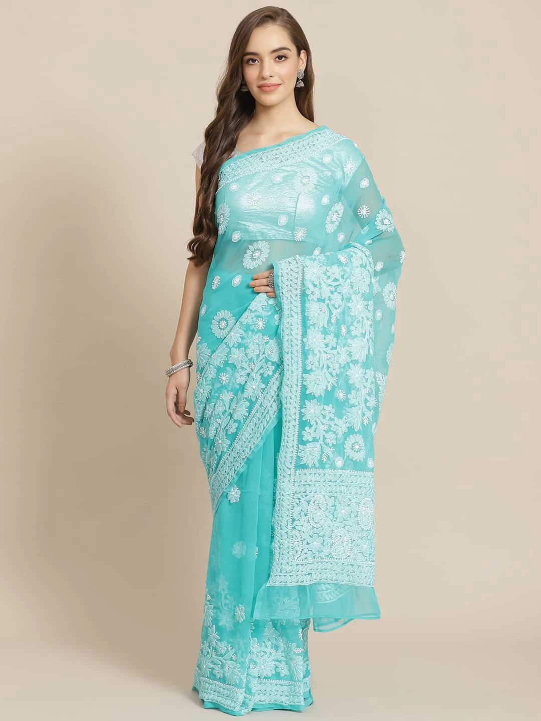 Ada Hand Embroidered Turquoise Blue Georgette Lucknow Chikankari Saree with Blouse A311276