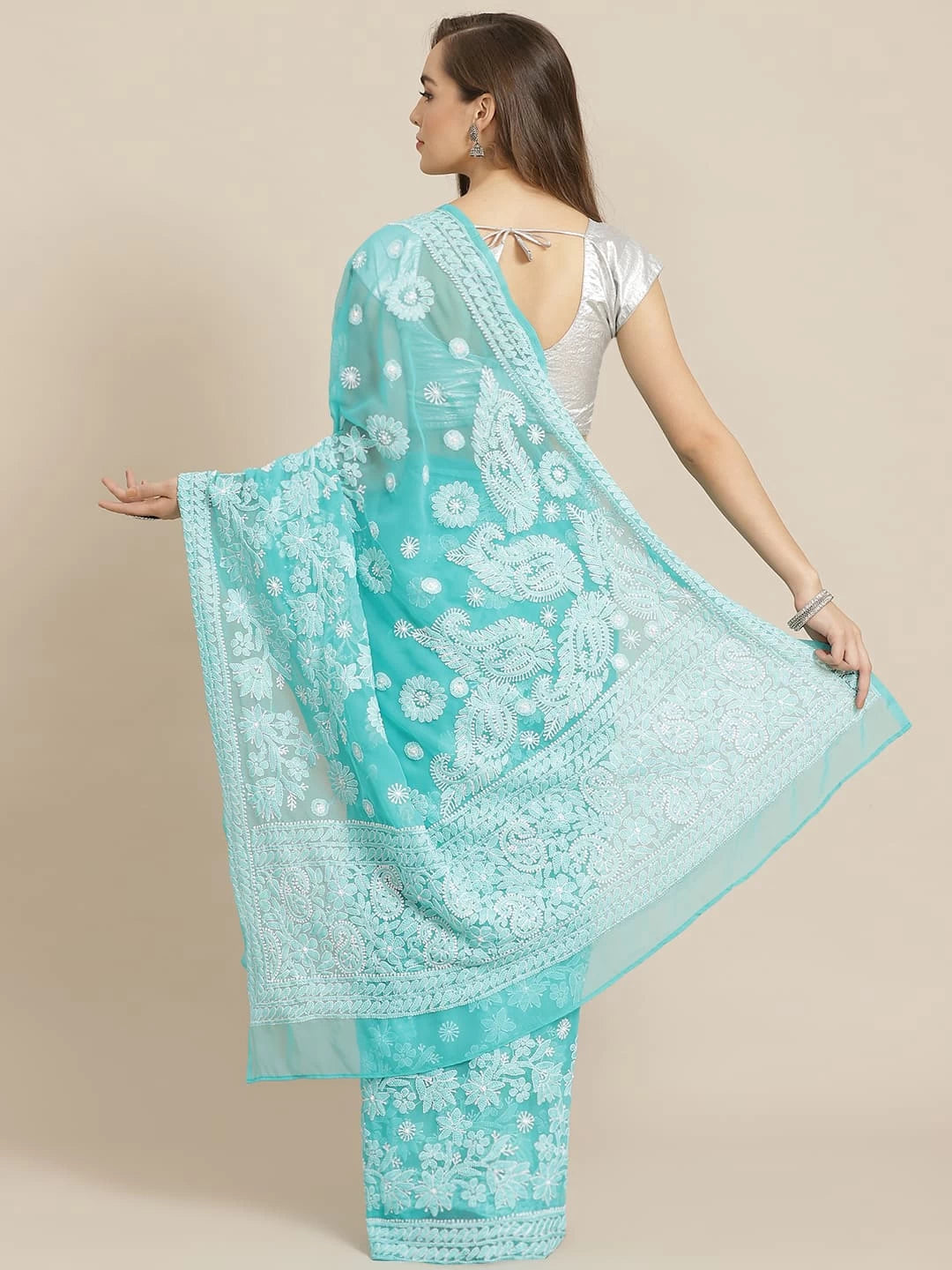 Ada Hand Embroidered Turquoise Blue Georgette Lucknow Chikankari Saree with Blouse A311276