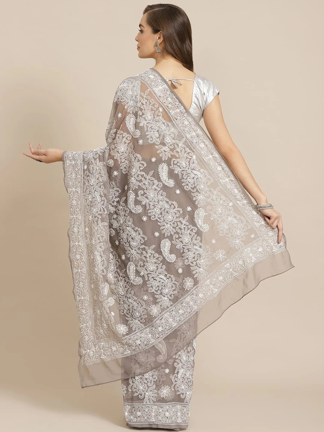 Ada Hand Embroidered Grey Georgette Lucknow Chikankari Saree With Blouse A311296