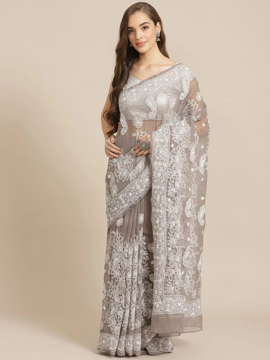 Ada Hand Embroidered Grey Georgette Lucknow Chikankari Saree With Blouse A311296