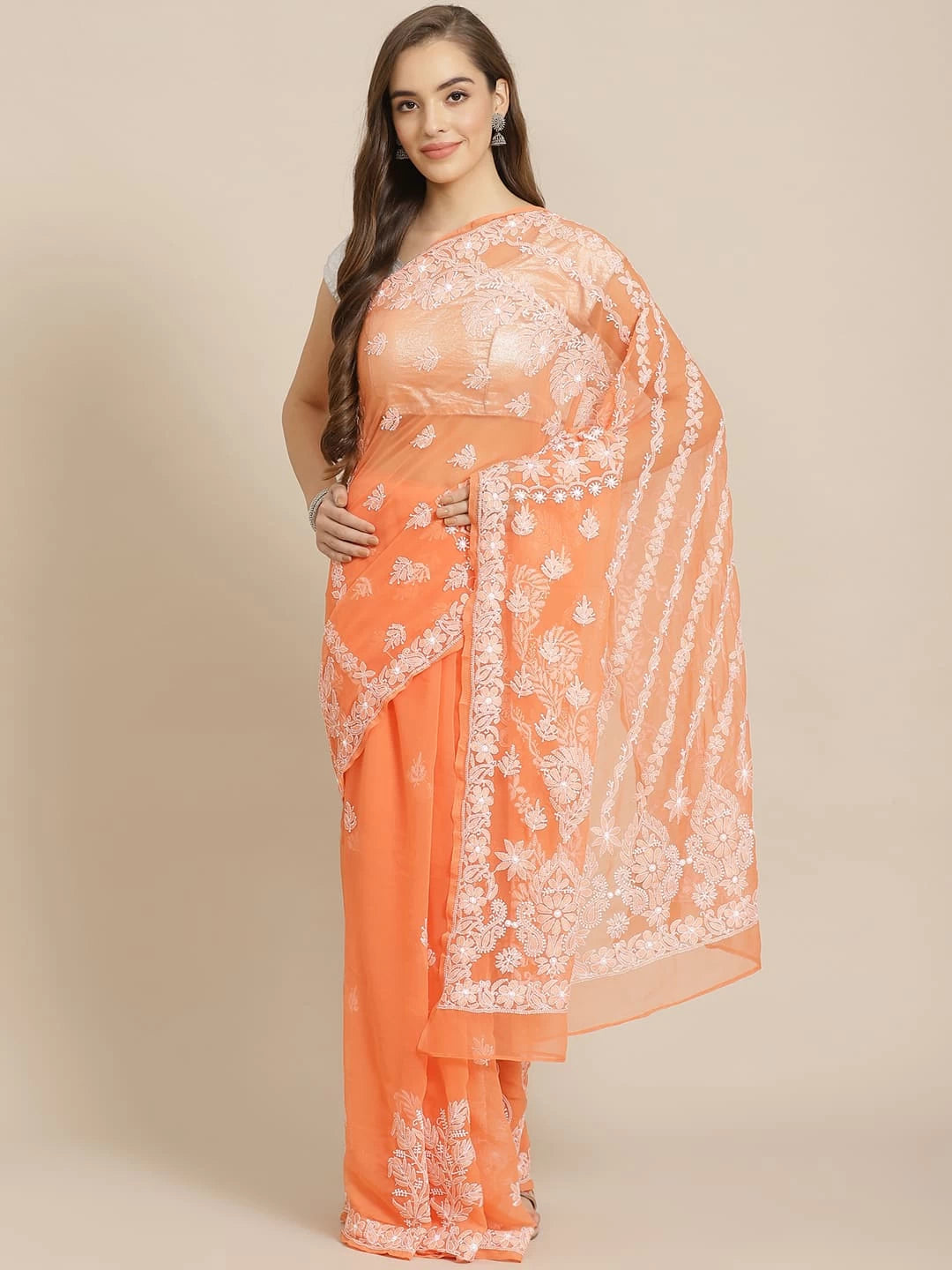 Ada Hand Embroidered Orange Georgette Lucknow Chikankari Saree With Blouse A311300