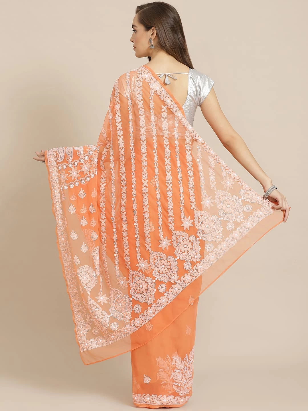 Ada Hand Embroidered Orange Georgette Lucknow Chikankari Saree With Blouse A311300