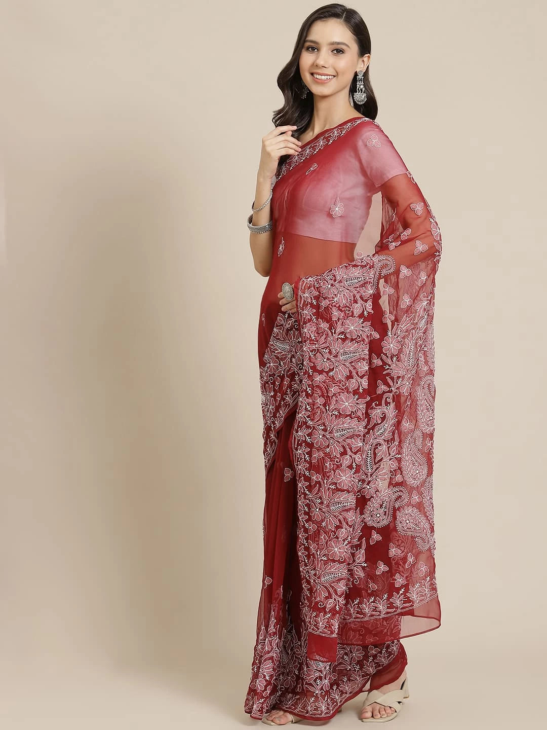Ada Hand Embroidered Maroon Georgette Lucknowi Chikankari Saree With Blouse A311339