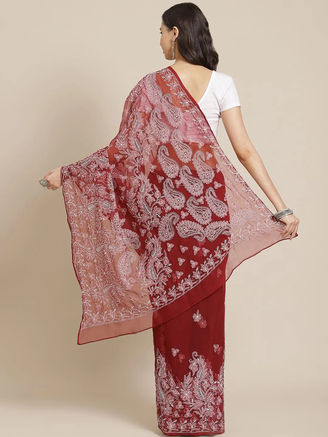 Ada Hand Embroidered Maroon Georgette Lucknowi Chikankari Saree With Blouse A311339