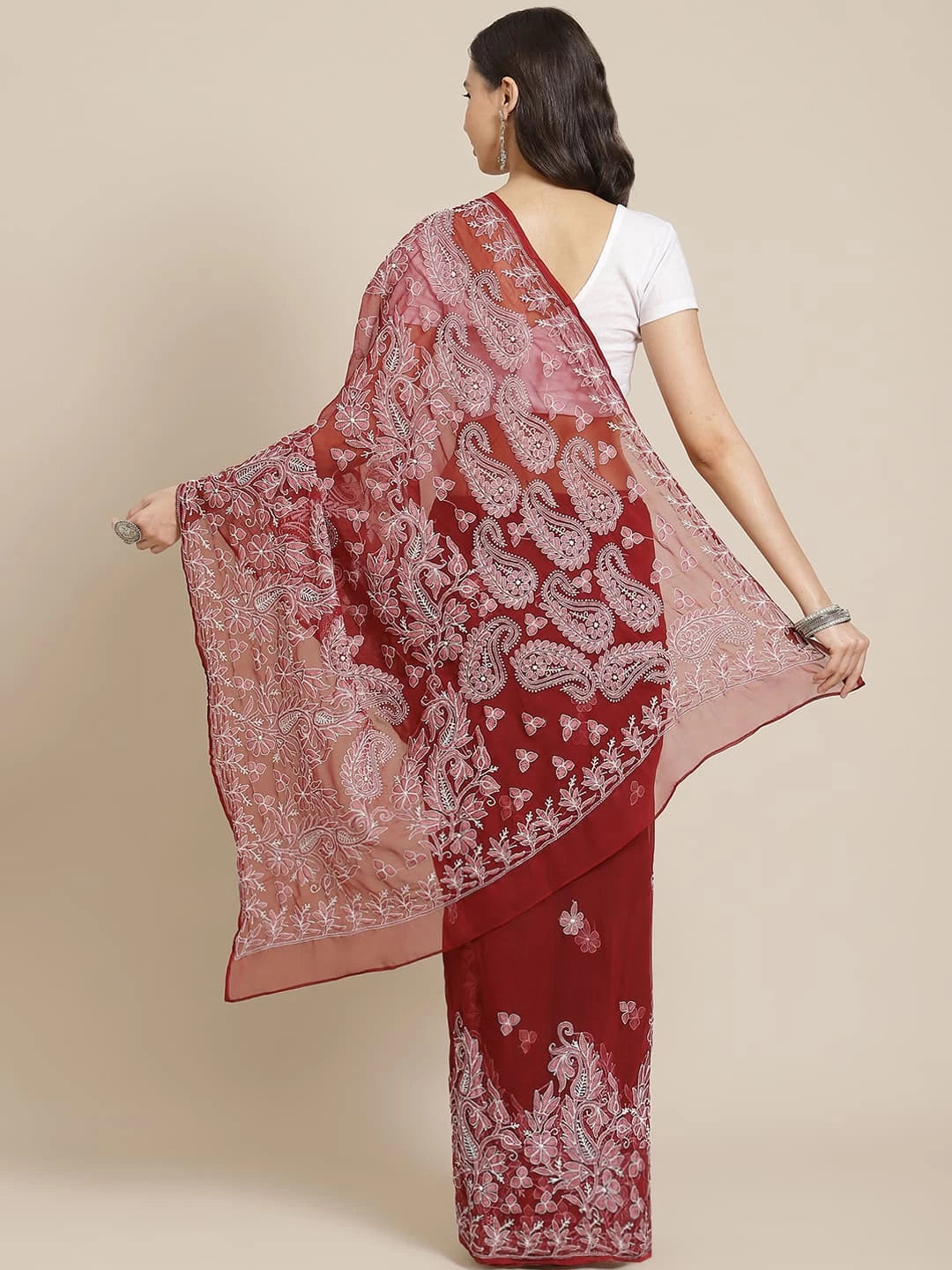 Ada Hand Embroidered Maroon Georgette Lucknowi Chikankari Saree With Blouse A311339
