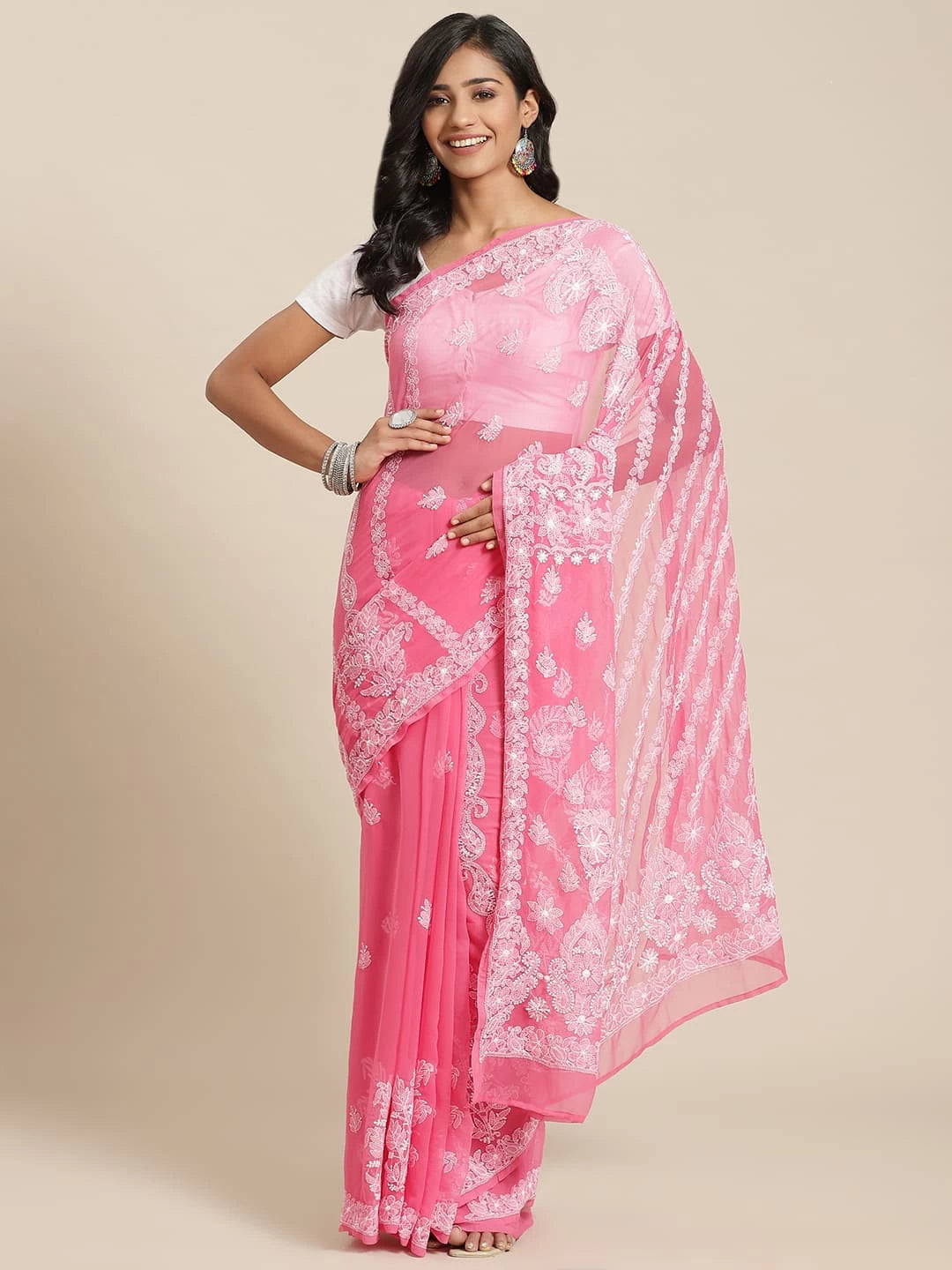 Ada Hand Embroidered Dark Pink Georgette Lucknow Chikankari Saree with Blouse A311309
