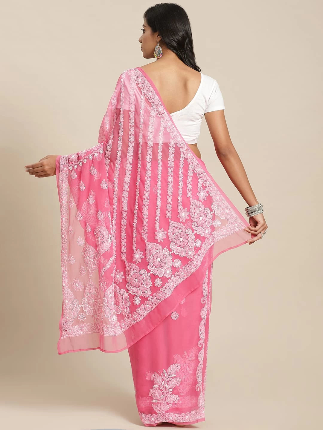 Ada Hand Embroidered Dark Pink Georgette Lucknow Chikankari Saree with Blouse A311309