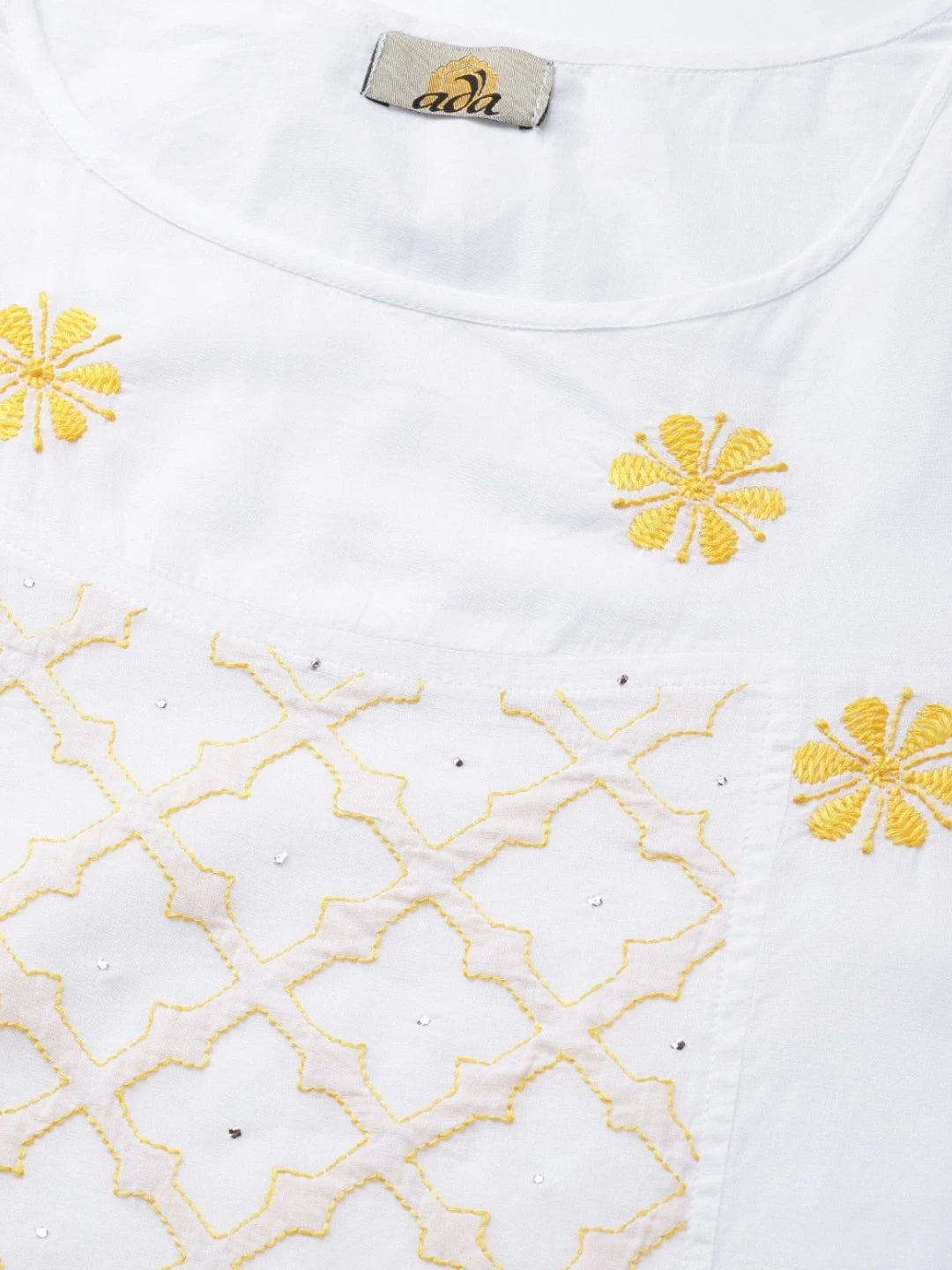 Ada Hand Embroidered White Cotton Lucknowi Chikankari  A-line Kurta With Muqaish Work A100048