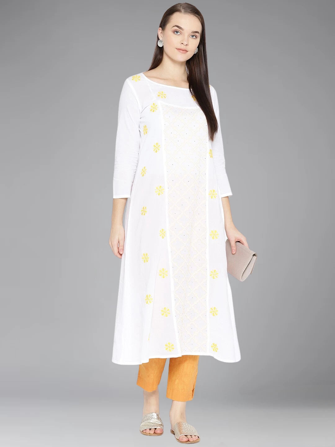 Ada Hand Embroidered White Cotton Lucknowi Chikankari  A-line Kurta With Muqaish Work A100048