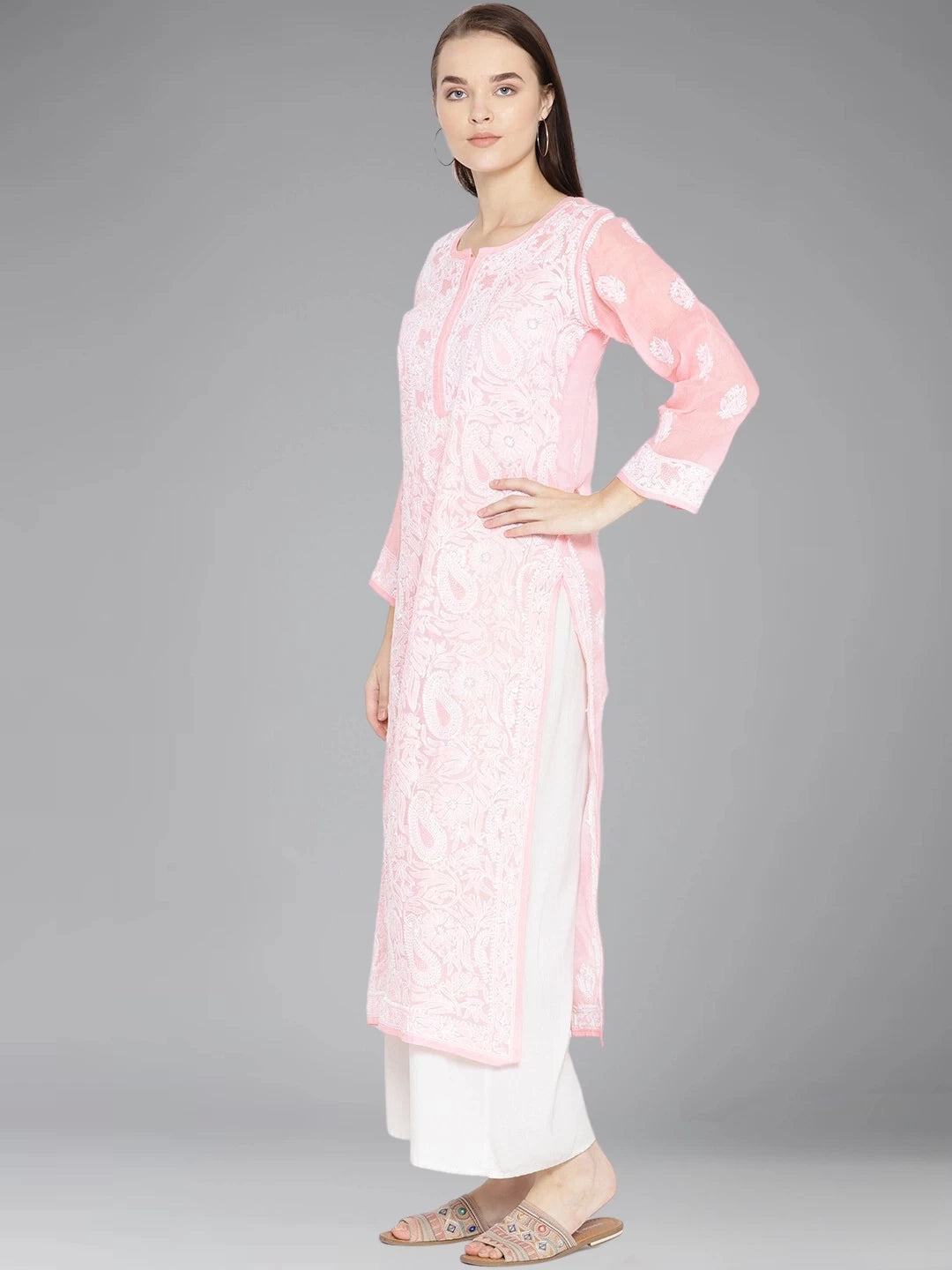 Ada Hand Embroidered Pink Cotton Lucknowi Chikankari Straight Kurta  A100121