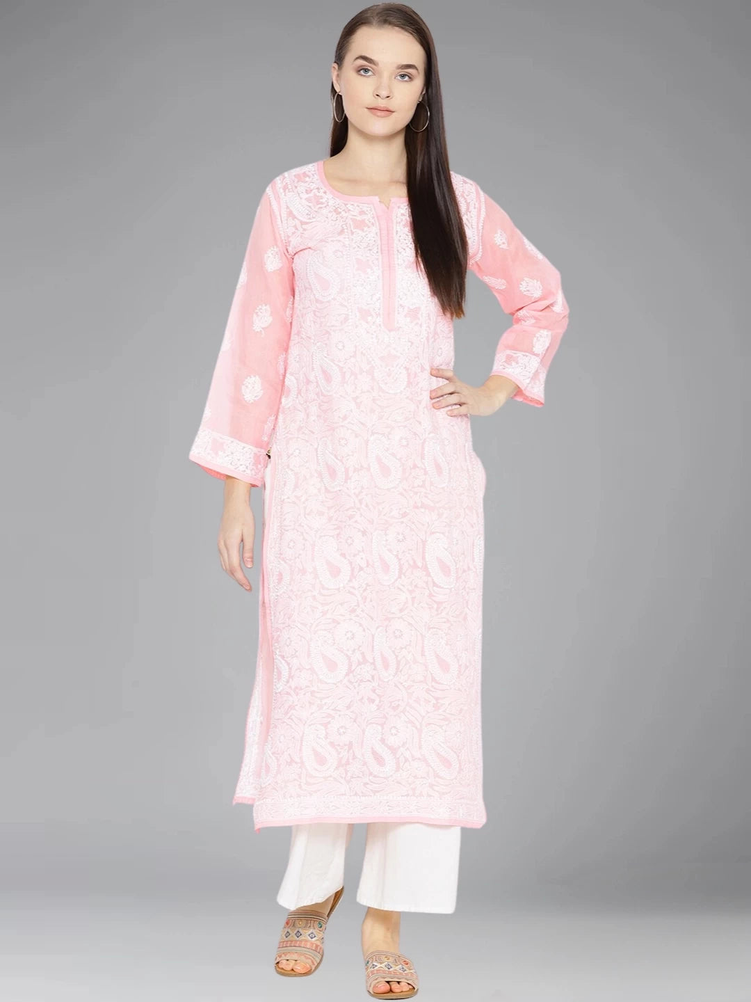 Ada Hand Embroidered Pink Cotton Lucknowi Chikankari Straight Kurta  A100121