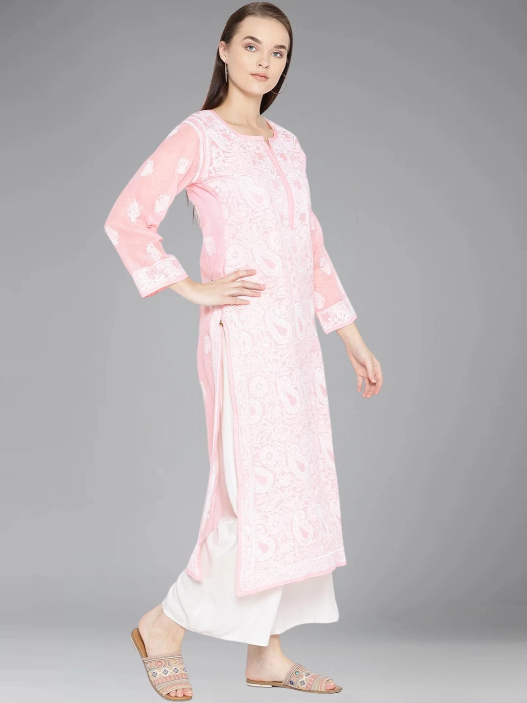 Ada Hand Embroidered Pink Cotton Lucknowi Chikankari Straight Kurta  A100121