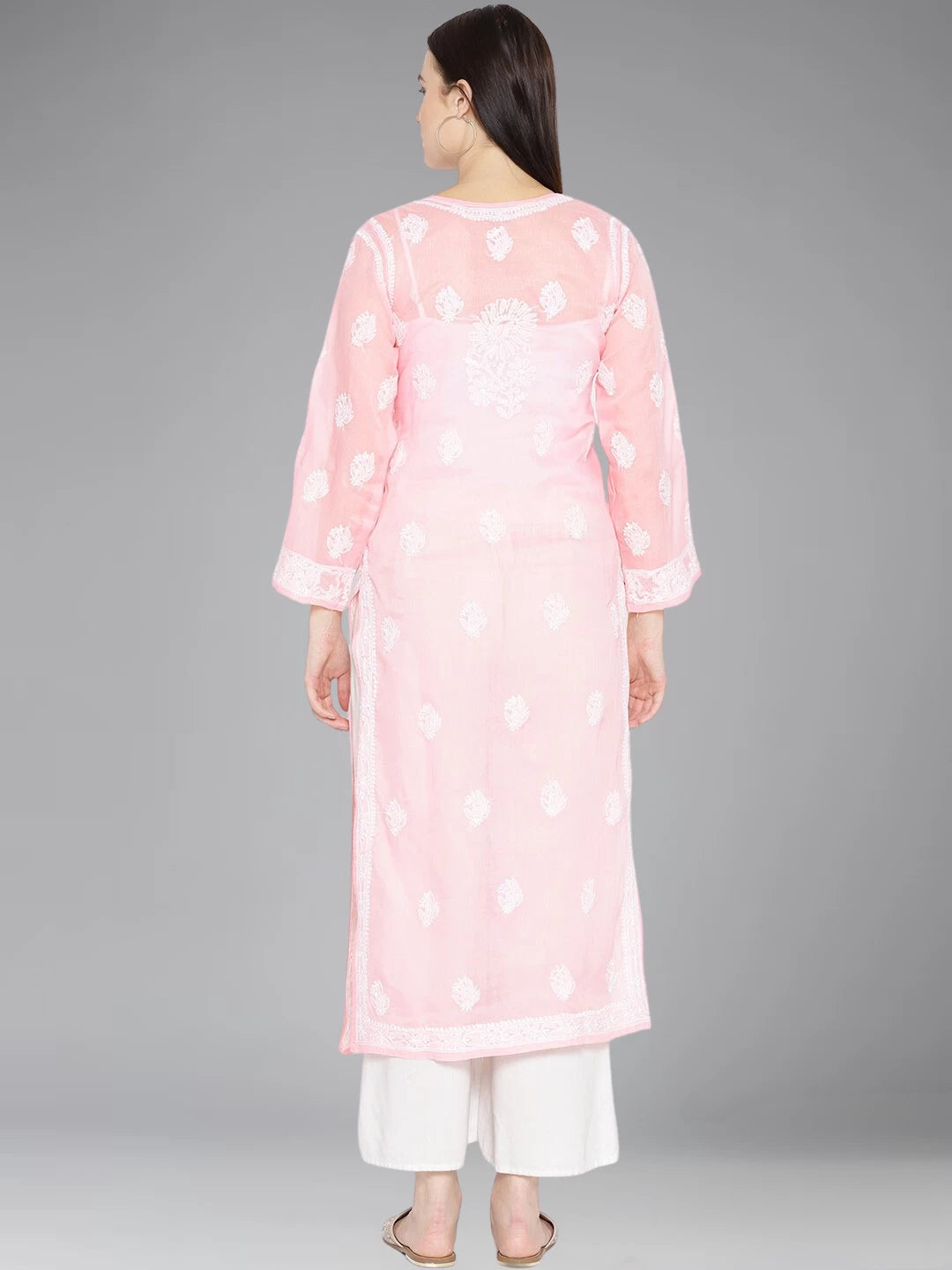 Ada Hand Embroidered Pink Cotton Lucknowi Chikankari Straight Kurta  A100121
