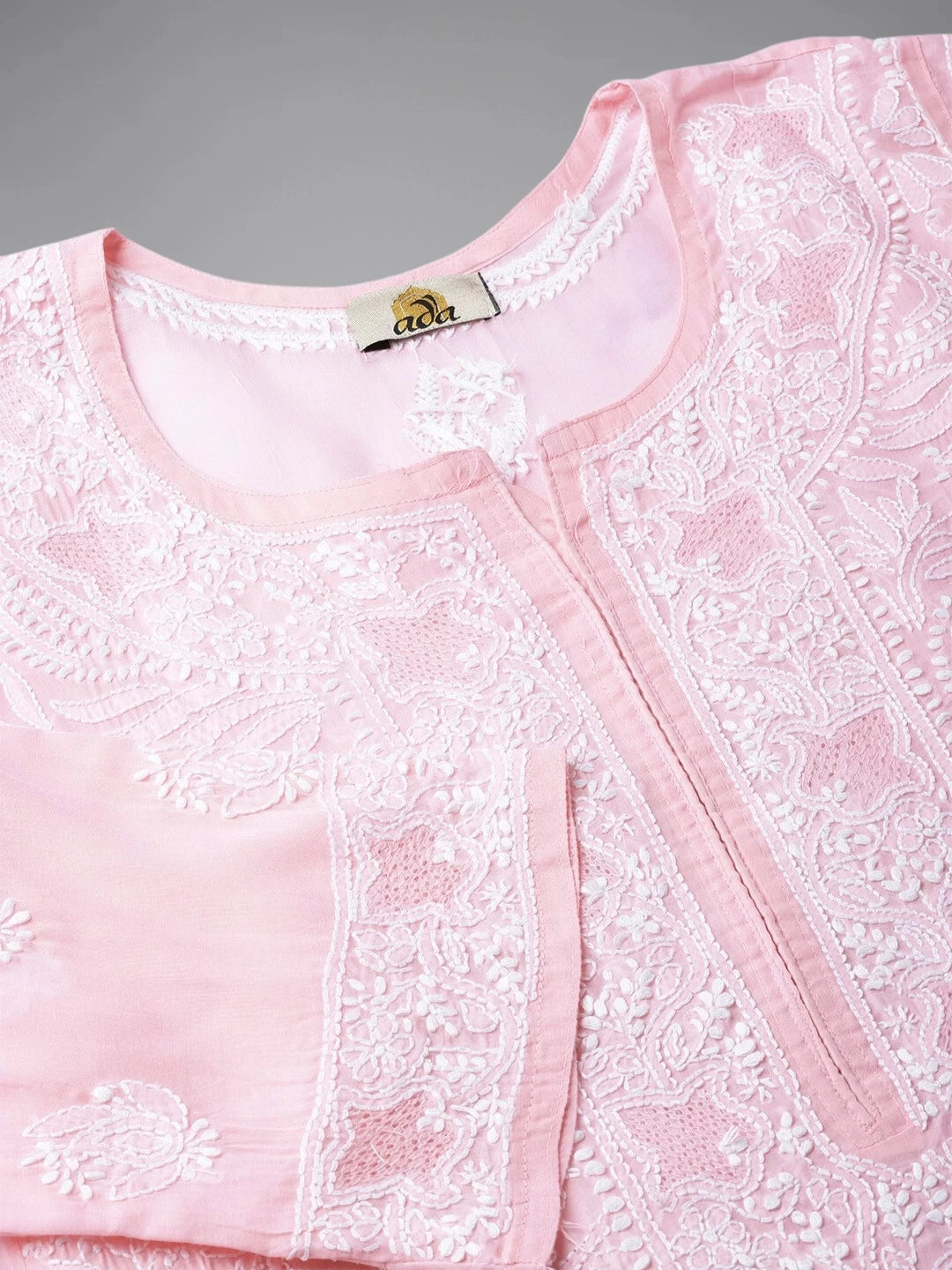 Ada Hand Embroidered Pink Cotton Lucknowi Chikankari Straight Kurta  A100121