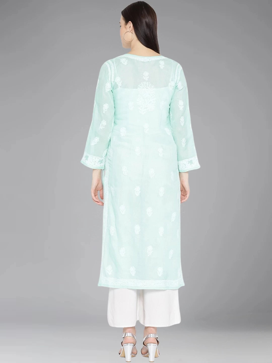 Ada Hand Embroidered Sea Green Cotton Lucknowi Chikankari Straight Kurta A100122