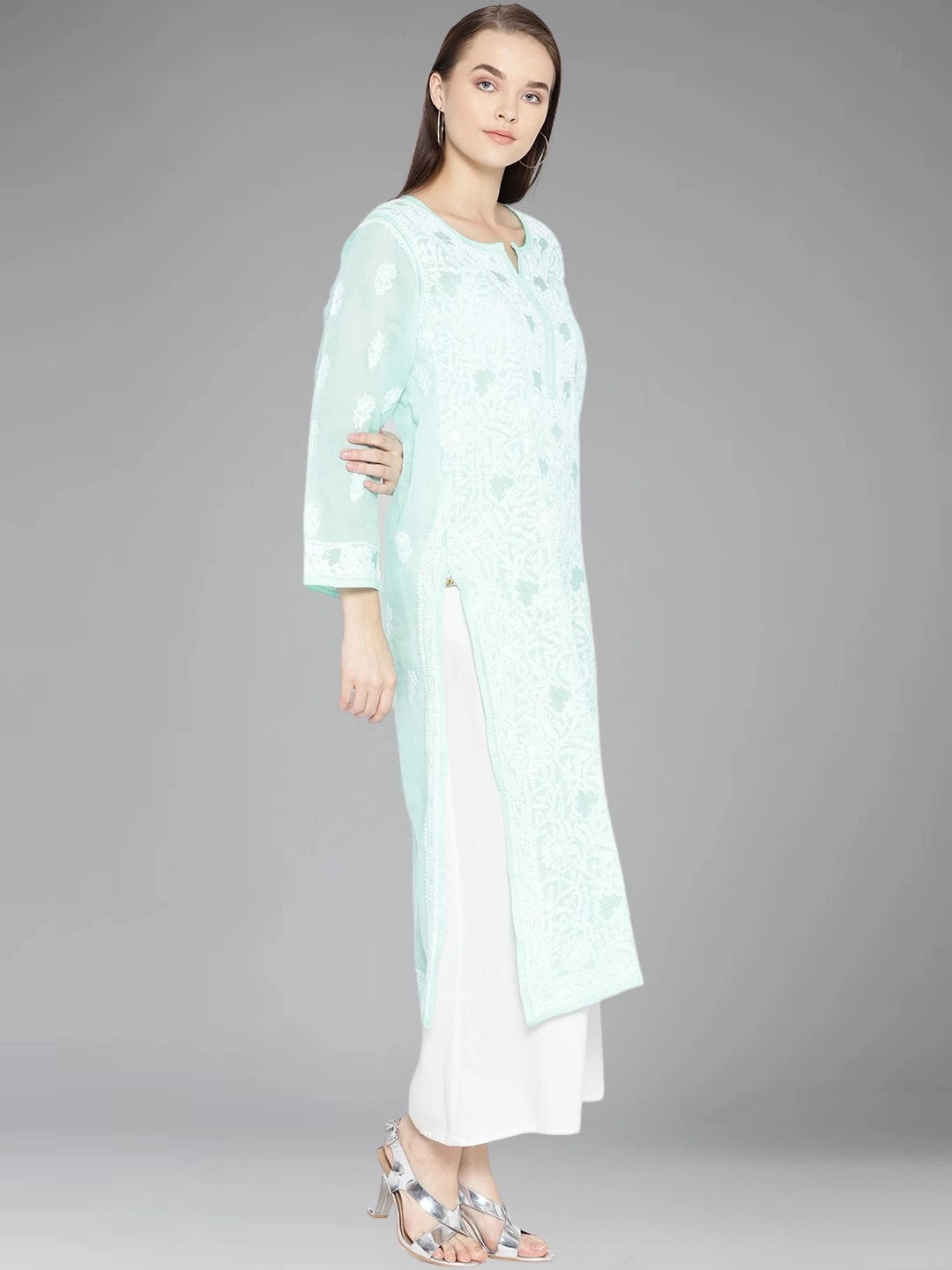Ada Hand Embroidered Sea Green Cotton Lucknowi Chikankari Straight Kurta A100122