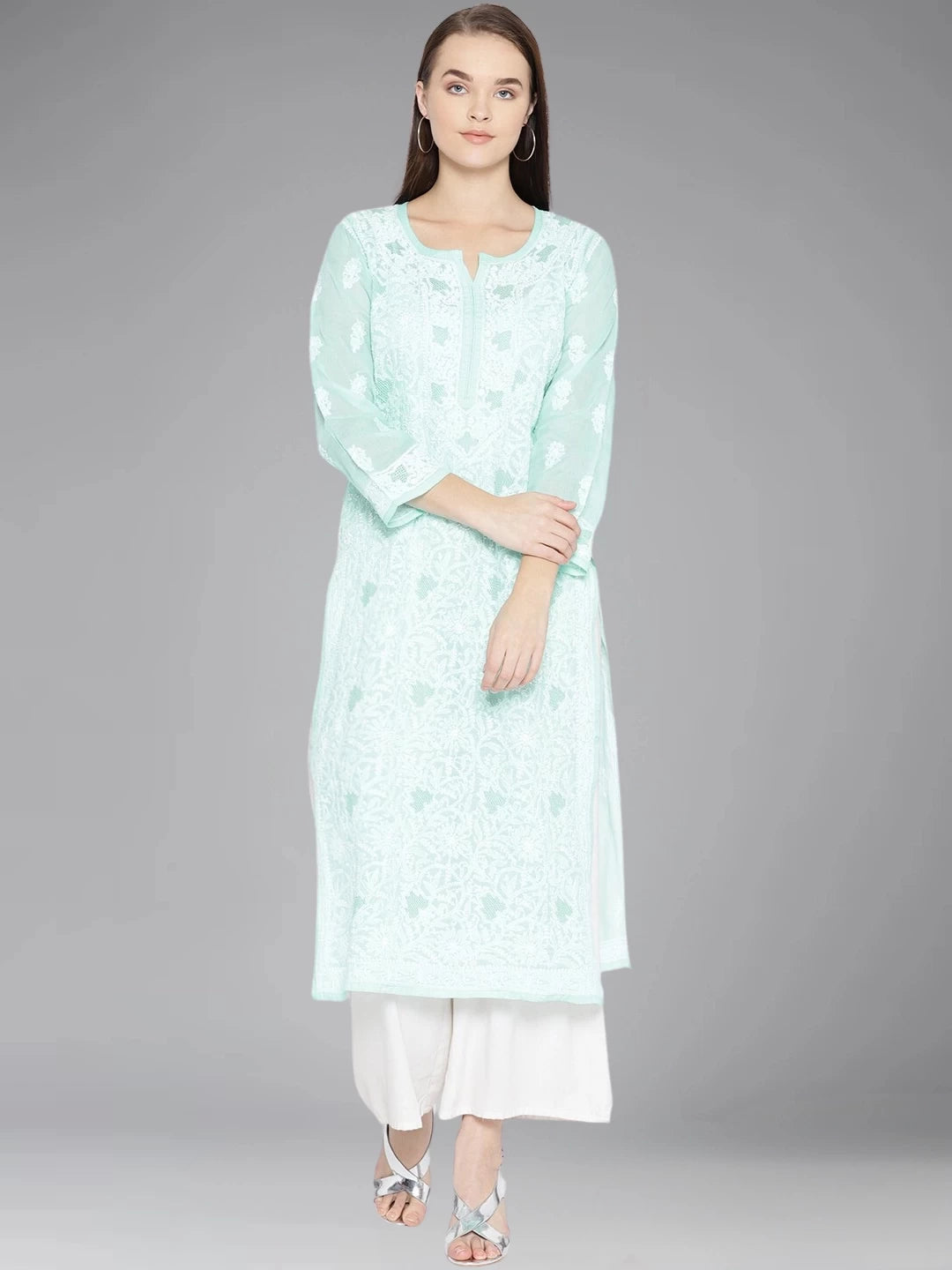 Ada Hand Embroidered Sea Green Cotton Lucknowi Chikankari Straight Kurta A100122