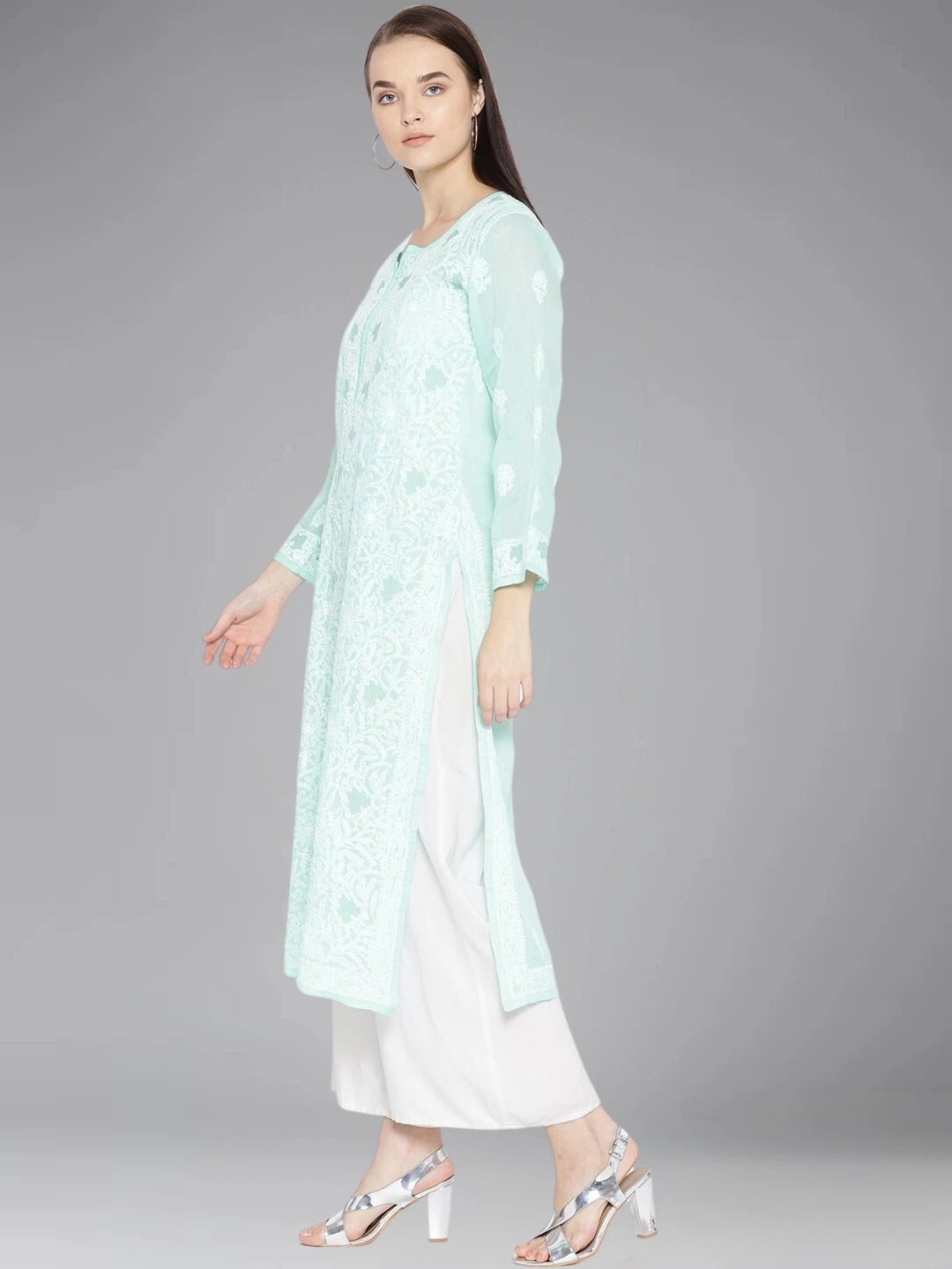 Ada Hand Embroidered Sea Green Cotton Lucknowi Chikankari Straight Kurta A100122