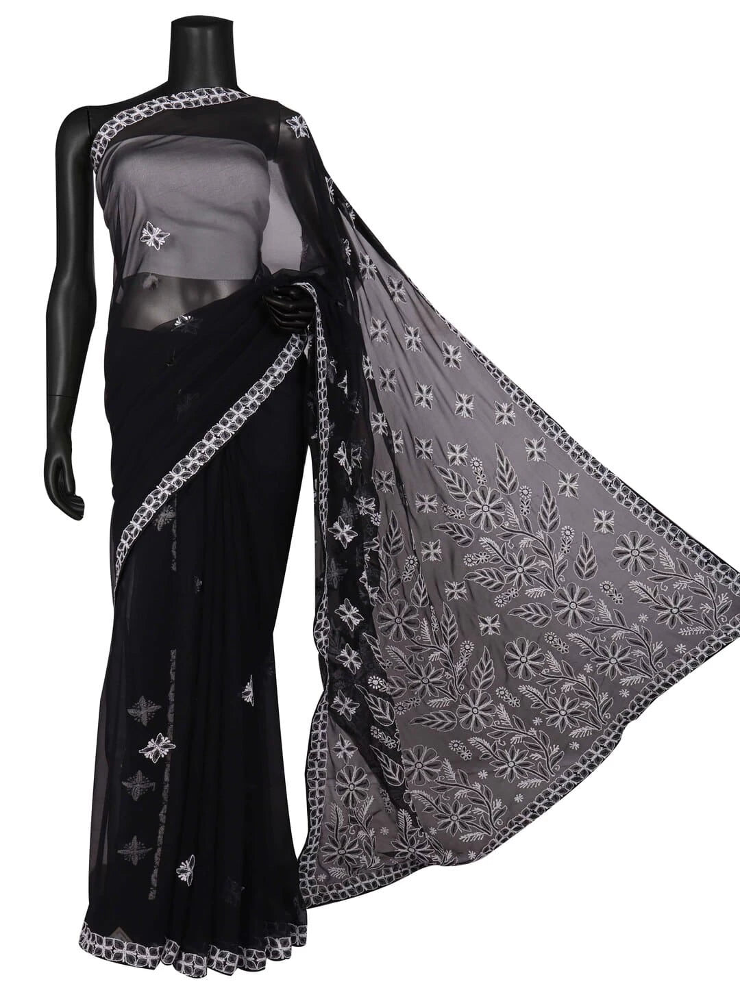 Ada Hand Embroidered Black Georgette Lucknowi Chikankari Saree/Blouse with Pearl Work A549904