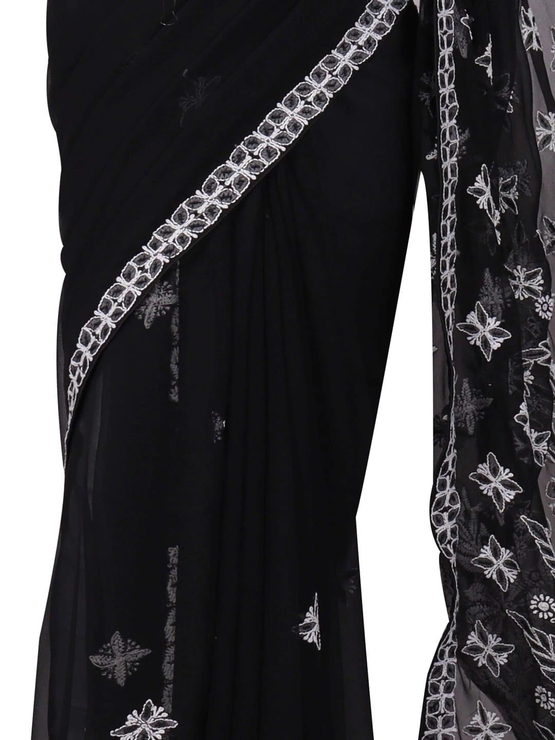 Ada Hand Embroidered Black Georgette Lucknowi Chikankari Saree/Blouse with Pearl Work A549904