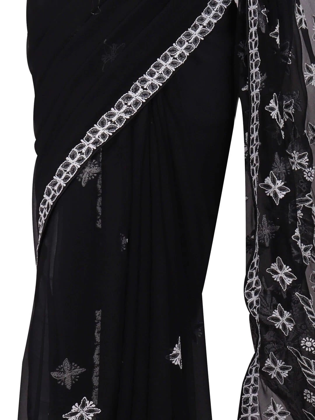 Ada Hand Embroidered Black Georgette Lucknowi Chikankari Saree/Blouse with Pearl Work A549904