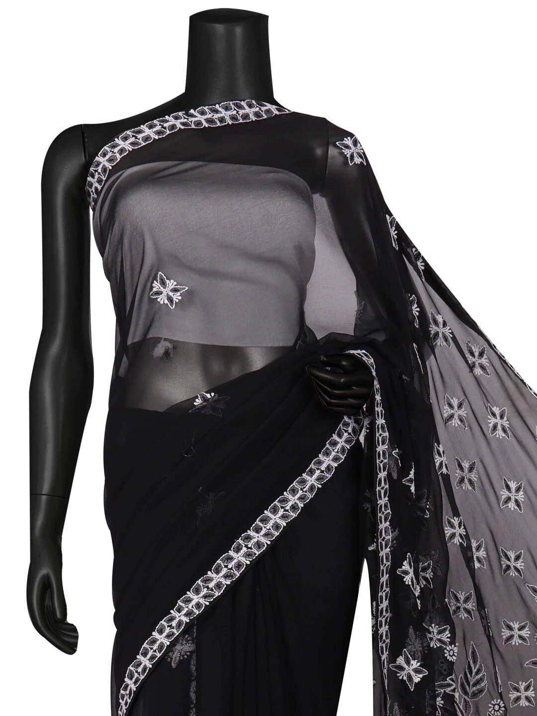 Ada Hand Embroidered Black Georgette Lucknowi Chikankari Saree/Blouse with Pearl Work A549904