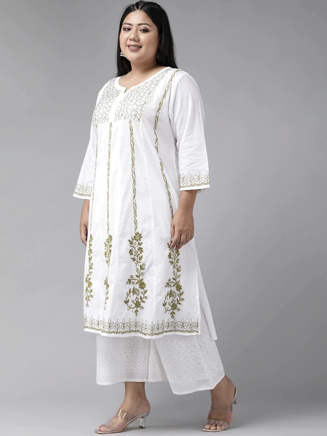 Ada Hand Embroidered White Cotton Lucknowi Chikankari Straight Kurta A100141