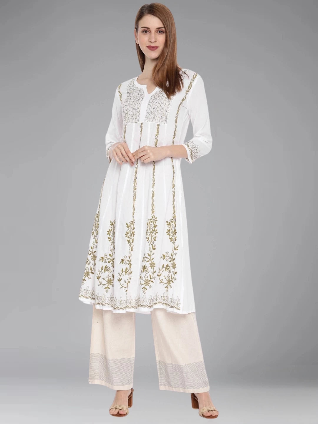 Ada Hand Embroidered White Cotton Lucknowi Chikankari Straight Kurta A100141