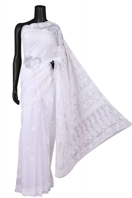 Ada Hand Embroidered White Georgette Lucknowi Chikankari Saree With Blouse A610279