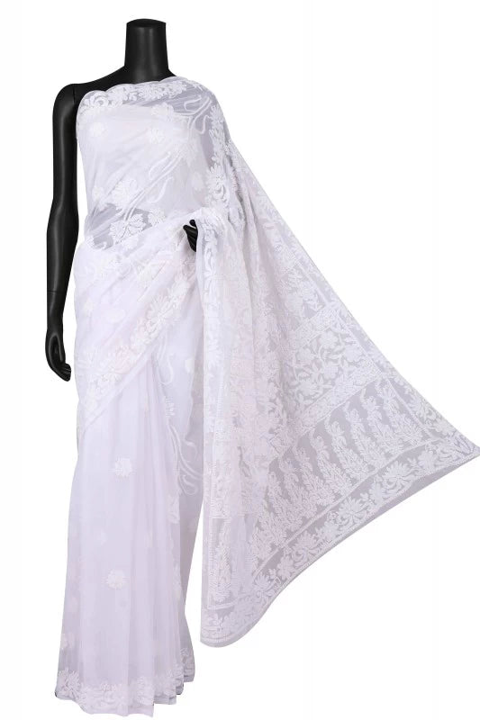 Ada Hand Embroidered White Georgette Lucknowi Chikankari Saree With Blouse A610279