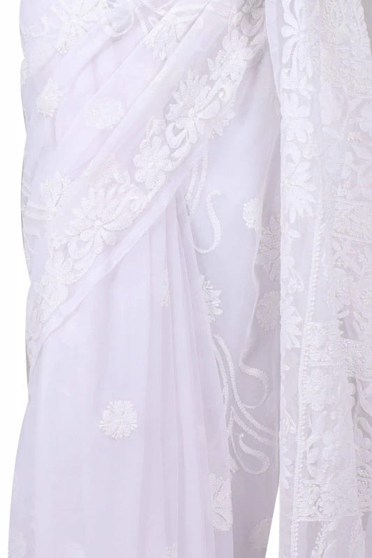 Ada Hand Embroidered White Georgette Lucknowi Chikankari Saree With Blouse A610279